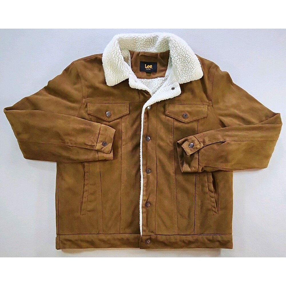 Lee Mens Workwear Sherpa Lined Trucker Jacket Brown Tan S Small Suede Feel Coat